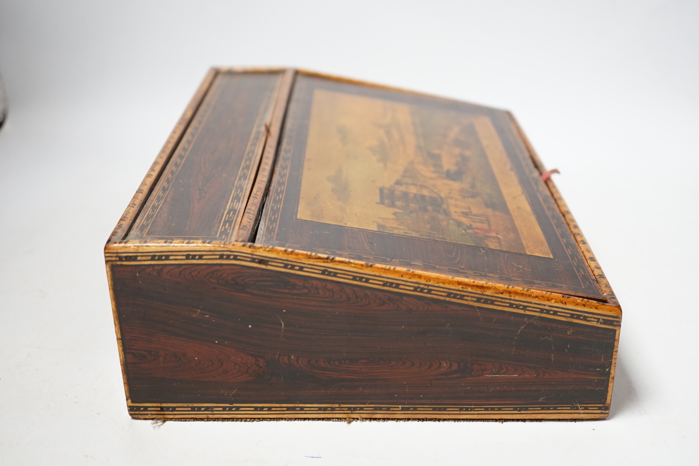 A Regency faux rosewood writing box printed with a view of Brighton, 29cm wide